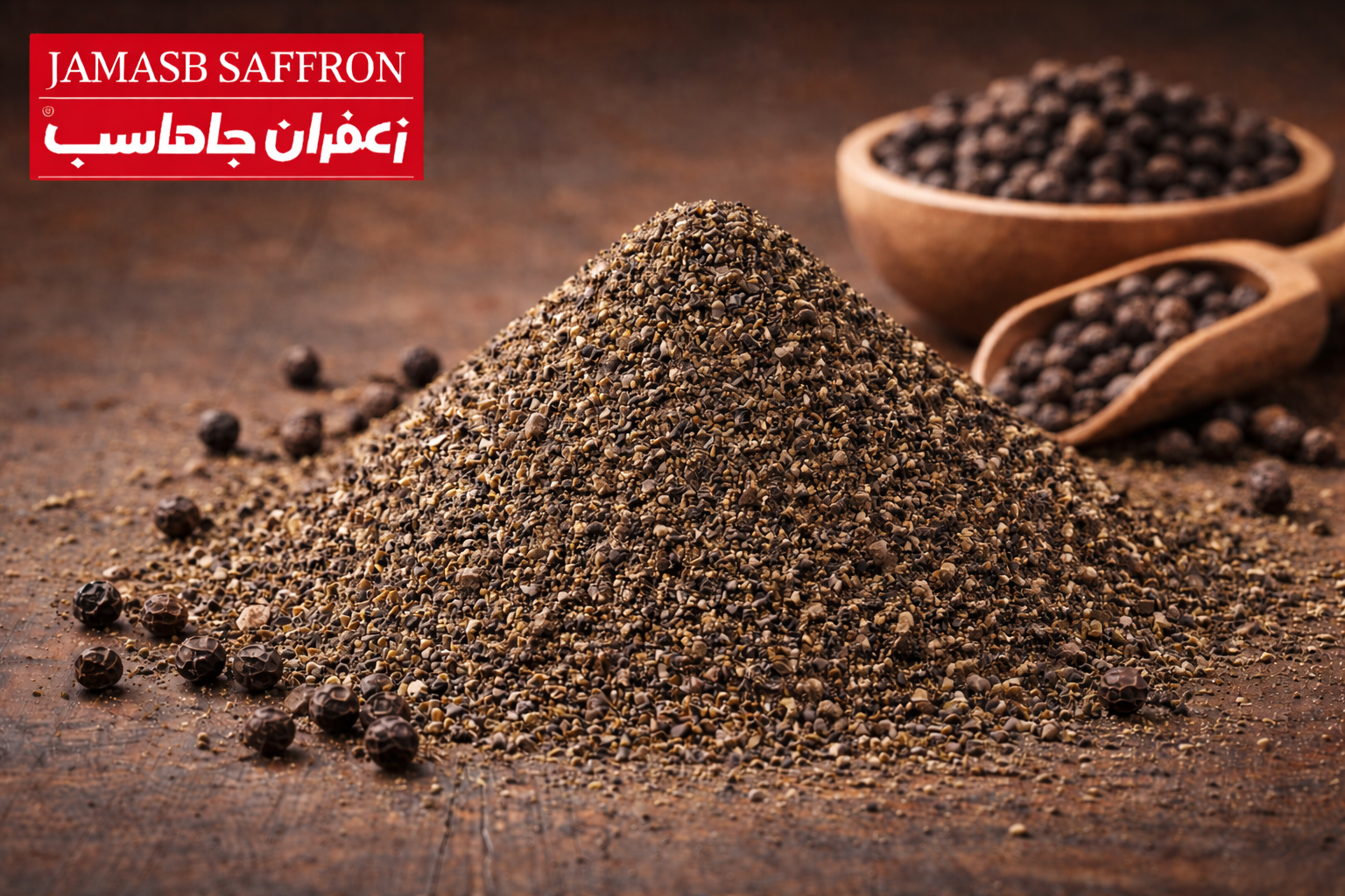 بسته بندی پودر فلفل سیاه اصل و معطر فروشگاه زعفران جاماسب در وزن های 85 و 145 گرم
