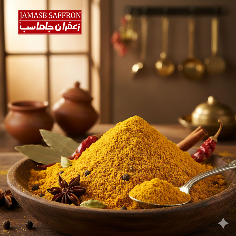 انواع بسته‌بندی ادویه کاری (قوطی و پاکتی) با رنگ زرد طلایی و پودر نرم برند زعفران جاماسب