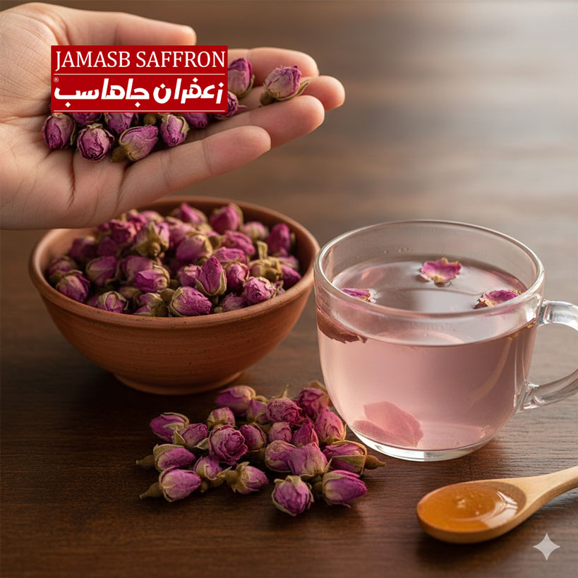 غنچههای خشک شده گل محمدی به رنگ صورتی-ارغوانی بر کف دستی یا در یک ظرف سفالی کوچک، کنار یک فنجان شیشهای پر از دمنوش صورتی کمرنگ گل محمدی و یک قاشق چوبی عسل، در نور طبیعی و ملایم عصرگاهی.