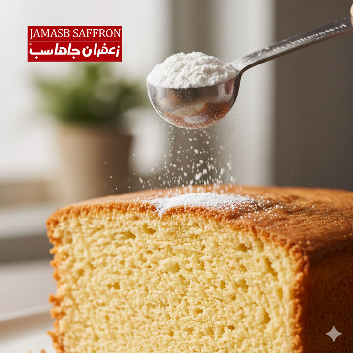 پودر سفید و نرم بکینگ پودر در حال ریختن از یک قاشق اندازه‌گیری استیل برشی دقیق، بر روی یک برش ضخیم از کیک اسفنجی وانیلی طلایی رنگ با بافت متخلخل و نرم که پف عالی آن مشخص است.