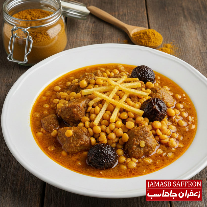 یک بشقاب سفید پر از خورشت قیمه اصیل با تکه‌های گوشت، لپه و رشته‌فرنگی، در کنار یک ظرف شیشه‌ای باز از پودر ادویه قیمه طلایی-قهوه‌ای و یک قاشق چوبی پر از ادویه بر روی پیش‌زمینه چوبی.
