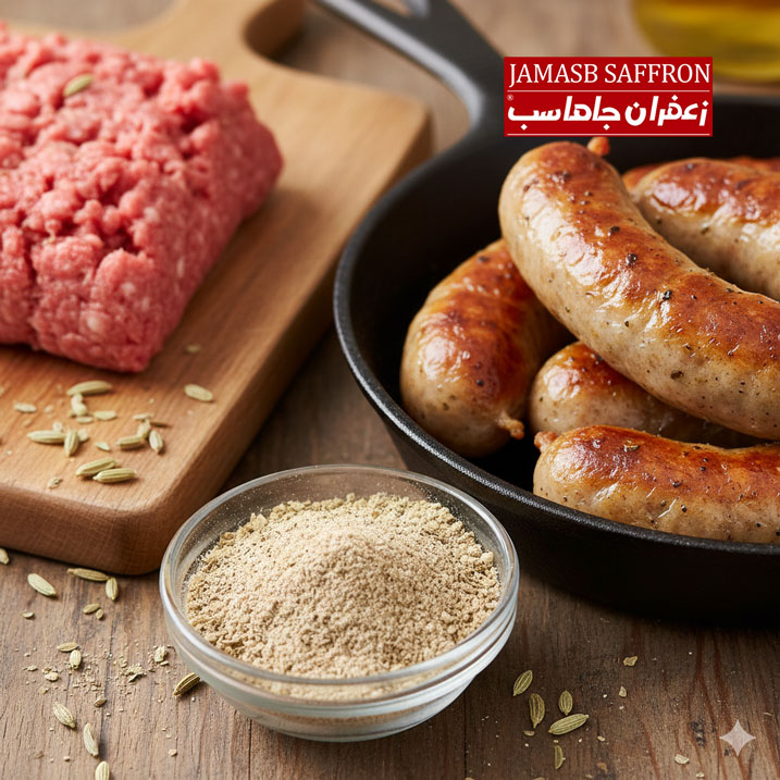 پودر ادویه سوسیس و کالباس به رنگ کرم-قهوه‌ای روشن در یک کاسه شیشه‌ای، در کنار چند عدد سوسیس خانگی آبدار و برشته شده در تابه، مقداری گوشت چرخ کرده تازه روی یک تخته چوبی آشپزی و چند دانه رازیانه کامل.