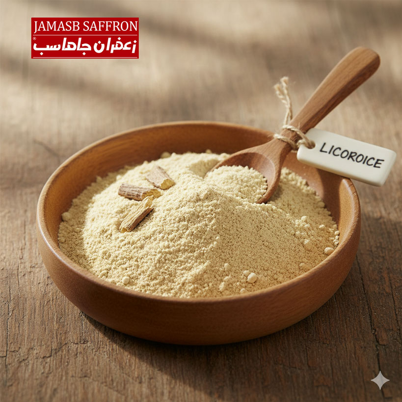 پودر شیرین بیان طبیعی در بسته‌بندی‌های قوطی و پلاستیکی با وزن‌های مختلف، با بافت نرم و رنگ روشن که خواص درمانی و طعم منحصر به فرد آن را نمایش می‌دهد.