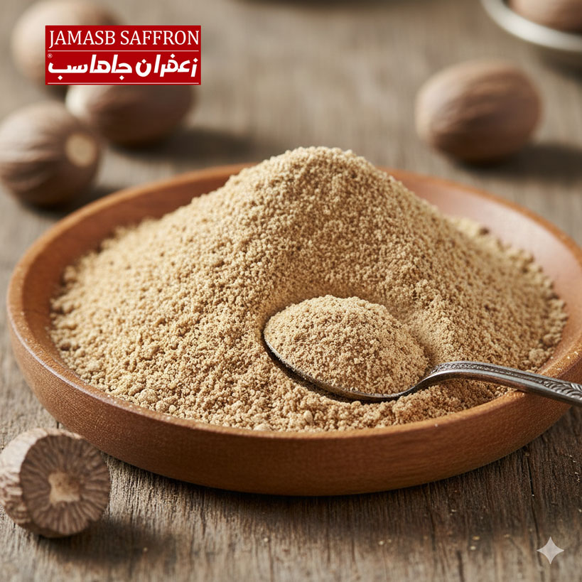 تصویر پودر ریشه جوز هندی طبیعی در بسته‌بندی‌های مختلف (قوطی ۷۰ گرمی و پلاستیکی ۲۰۰ گرم تا ۱ کیلوگرم) که خواص درمانی و طعم خاص آن را نمایان می‌کند.