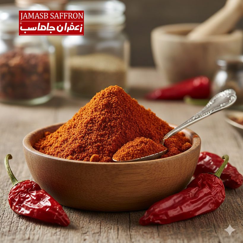 بستهبندیهای قوطی و پاکتی پودر پاپریکا قرمز رنگ محصول برند زعفران جاماسب