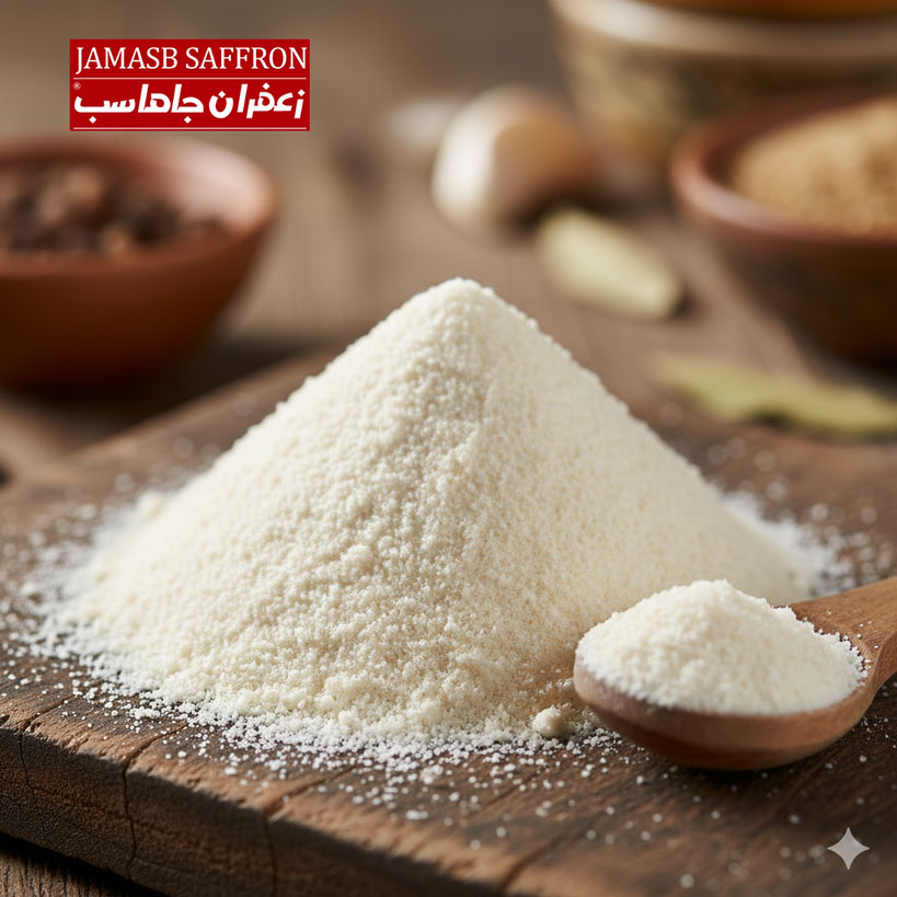 قوطی و بسته‌های پلاستیکی حاوی پودر سیر سفید و کرم رنگ محصول برند زعفران جاماسب