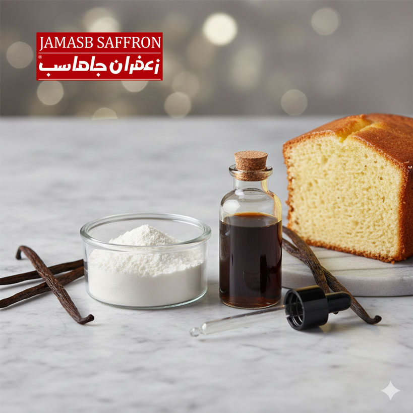 ترکیب حرفه‌ای مواد وانیل: غلاف وانیل، بطری اسانس کهربایی و پودر وانیل در شیشه، کنار یک قطره‌چکان و کیک وانیلی برش خورده روی سطح سنگ مرمر - نماد کیفیت در قنادی.