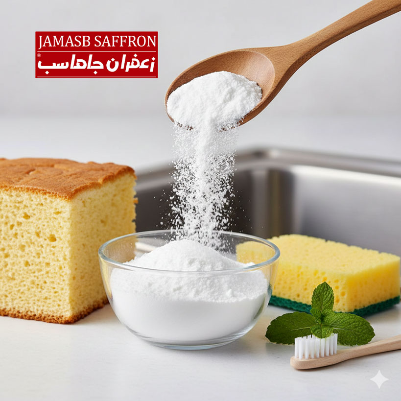 پودر نرم و سفید جوش شیرین خوراکی در حال ریختن از یک قاشق چوبی به درون یک کاسه شیشهای، در کنار نمادهایی از کاربردهای آن: یک برش از کیک اسفنجی پف کرده، یک اسفنج تمیزکننده کنار سینک استیل براق، و یک مسواک روی برگ نعناع تازه. نور روشن و پسزمینه خاکستری ملایم.