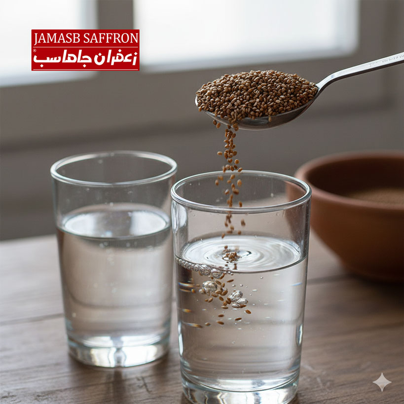 دانه‌های قهوه‌ای رنگ اسفرزه در یک قاشق اندازه‌گیری استیل و در حال ریختن در یک لیوان شیشه‌ای بلند پر از آب زلال، در کنار یک لیوان دیگر پر از آب برای تأکید بر لزوم مصرف مایعات کافی.