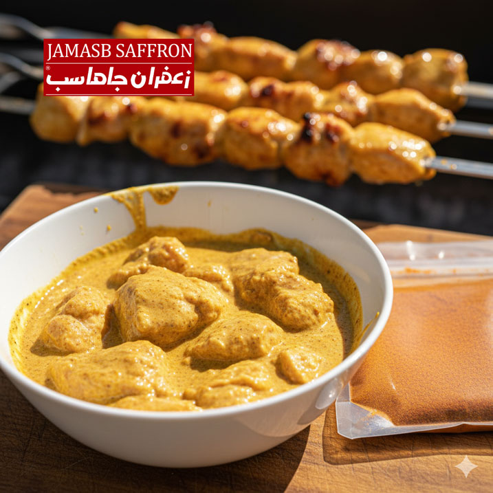یک کاسه سفید حاوی ماریناد زردرنگ ادویه جوجه کباب مخلوط با ماست و تکه‌های مرغ تازه، در کنار بسته‌بندی شفاف ادویه و سیخ‌های چرخانده‌شده از جوجه کباب طلایی‌رنگ و آبدار که آماده سرو است، روی یک تخته چوبی با نور طبیعی. این تصویر داستان کامل از ادویه تا غذای آماده را روایت می‌کند.