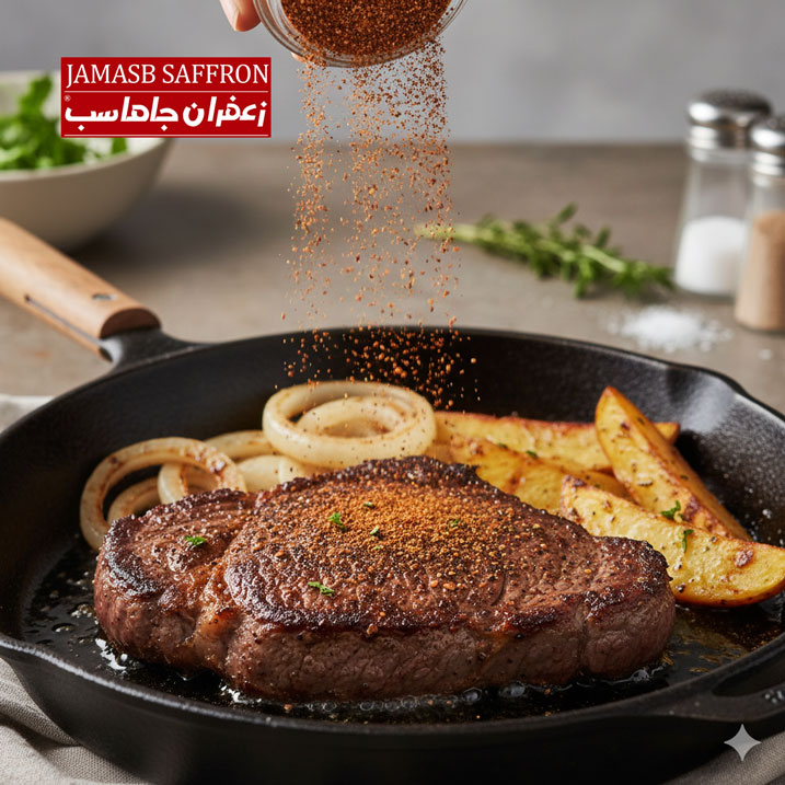 ادویه قهوه‌ای-قرمز رنگ همبرگر و استیک در حال پاشیده شدن از ارتفاع بر روی یک استیک راسته آبدار و ضخیم که در یک تابه چدنی داغ با روغن در حال پخت است و پوسته تیره و جذابی تشکیل داده، همراه با حلقه‌های پیاز کاراملی و سیب‌زمینی گریل شده.