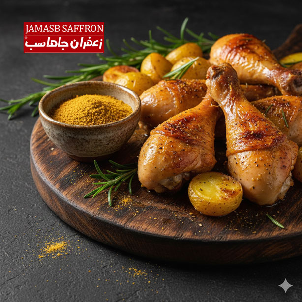 پودر ادویه مرغ به رنگ طلایی-قهوه‌ای در یک کاسه، در کنار چند قطعه ران مرغ آبدار و برشته شده با پوستی ترد و طلایی، روی یک بستر از سیب‌زمینی رست شده و رزماری تازه.
