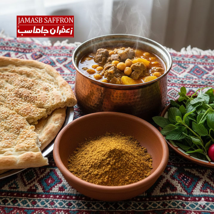 پودر ادویه دیزی به رنگ قهوه‌ای مایل به زرد در یک کاسه سفالی کوچک، در کنار یک دیزی (قابلمه) سنتی مسی پر و داغ از آبگوشت با گوشت و حبوبات، همراه با نان سنگک تازه و یک ظرف سبزی خوردن روی یک سفره ایرانی.