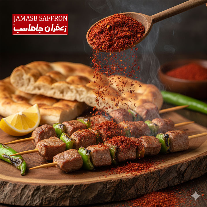 پودر فلفل ترکی قرمز و درشت (پول بیبر) در حال ریختن از یک قاشق چوبی بر روی سیخ‌های داغ کباب ترکی چوپ‌شی‌ش (با تکه‌های گوشت و فلفل دلمه‌ای)، در کنار نان پیده گرم و برش‌های لیموترش تازه روی یک صفحه چوبی.